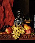Still Life With Grapes, A Peach, Plums And A Pear On A Table With A Wine Glass And A Flask by Edward Ladell